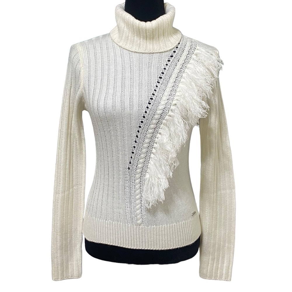 DKNY Ivory Fringe Ribbed Knit Turtleneck Sweater Boho Cozy Pullover Small - Picture 2 of 8